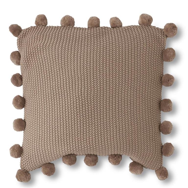 20 Inch Brown Moss Stitch Knit Pillow w/Pompom Trim