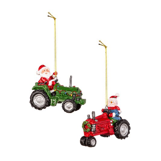 Tractor with Christmas Character Ornament, 3.75"H, 2 Assorted