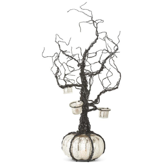 28 Inch Black Wire Votive Halloween Tree w/LED Mercury Pumpkin Base