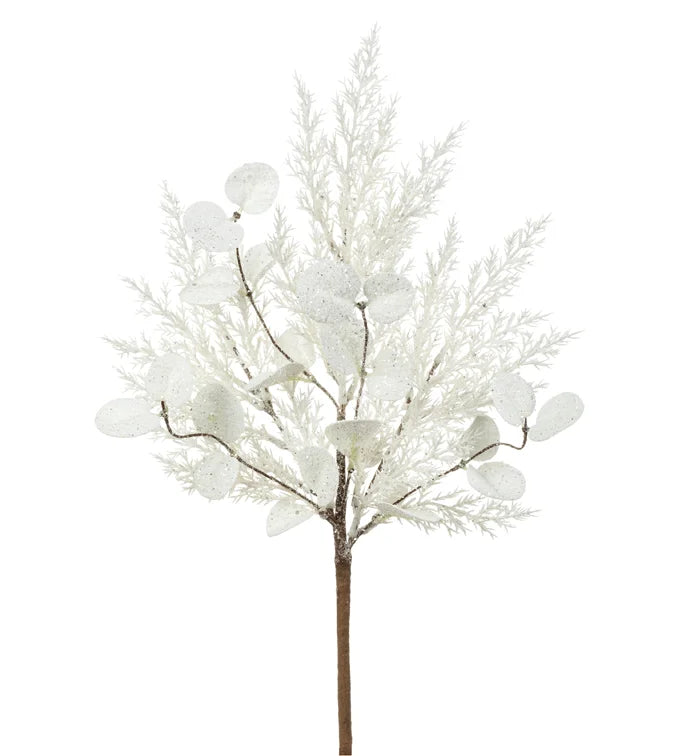 White Glitter Eucalyptus Juniper Pick