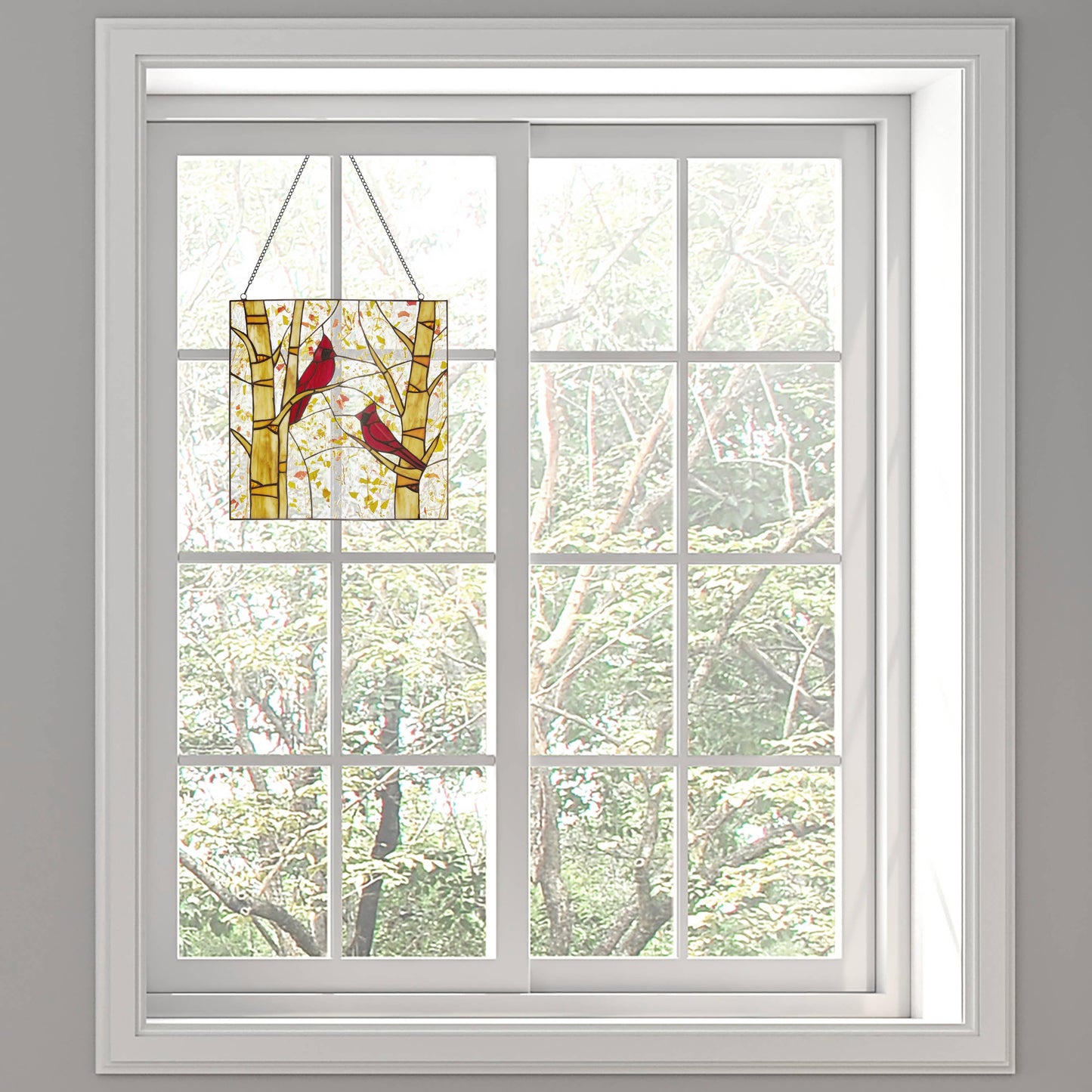 14"H Eden Red Cardinals in Autumn Stained Glass Window Panel