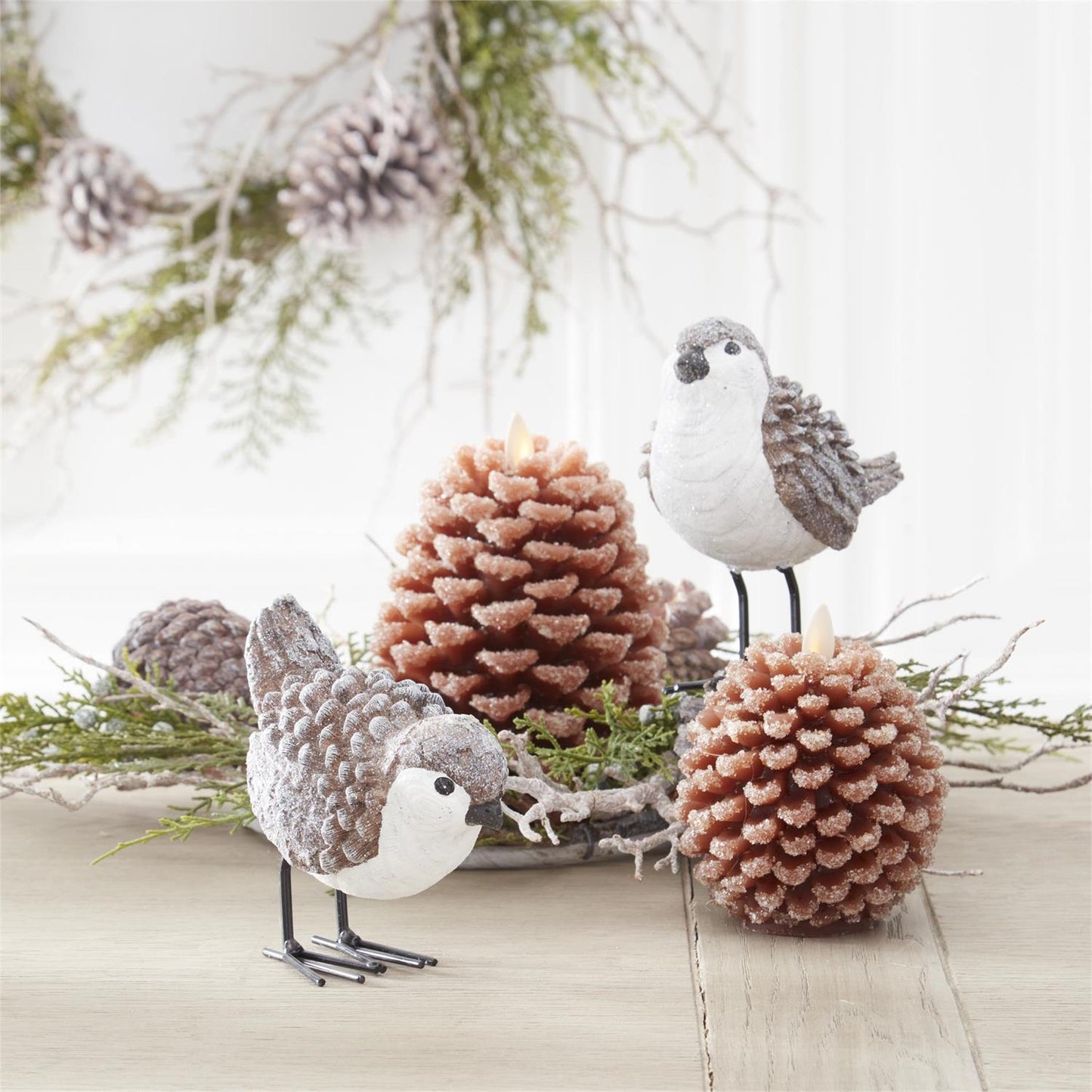 Assorted Brown and White Glittered Wood Grain Pinecone Birds