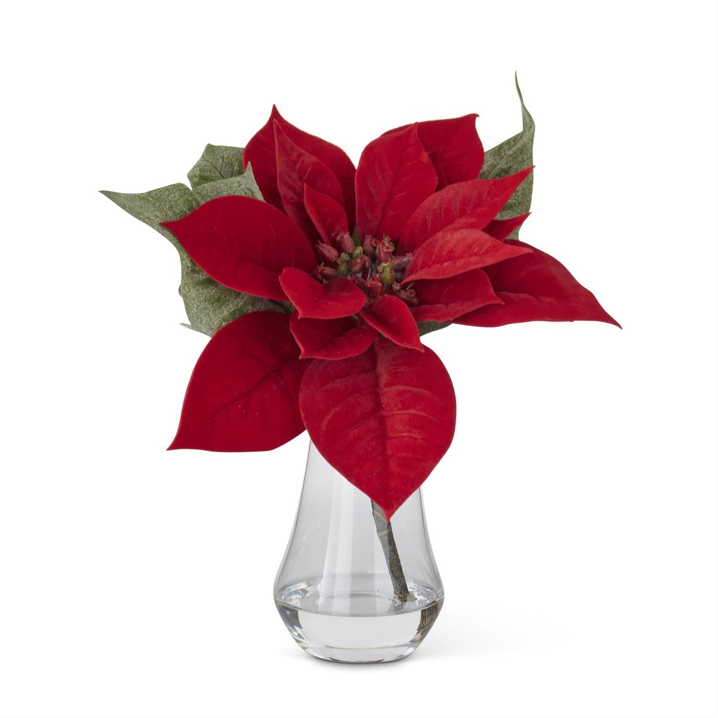 10 Inch Red Poinsettia Premade in Clear Glass Vase w/Faux Water