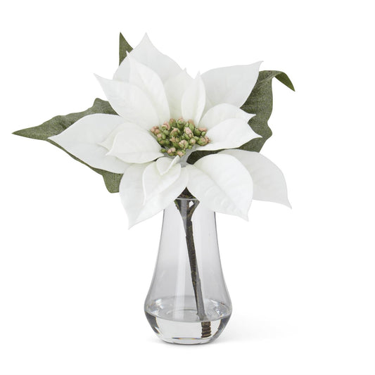 10 Inch White Poinsettia Premade in Clear Glass Vase w/Faux Water