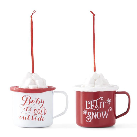 Assorted Metal Hot Coco Mug Ornaments w/Glittered Marshmallows