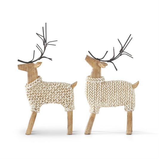 Set of 2 Resin Deers in Cream Sweaters w/Metal Antlers