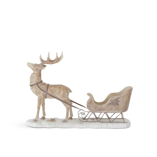 17.5 Inch Resin Reindeer Pulling Sleigh on Glittered Snowy Path