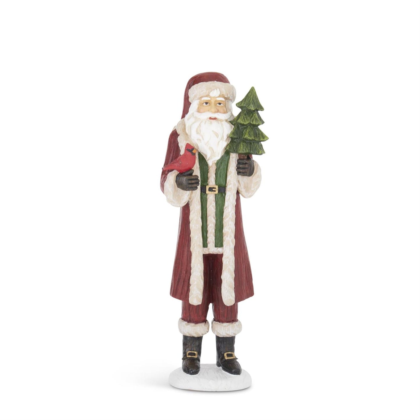 12 Inch Resin Woodgrain Santa w/Cardinal & Tree