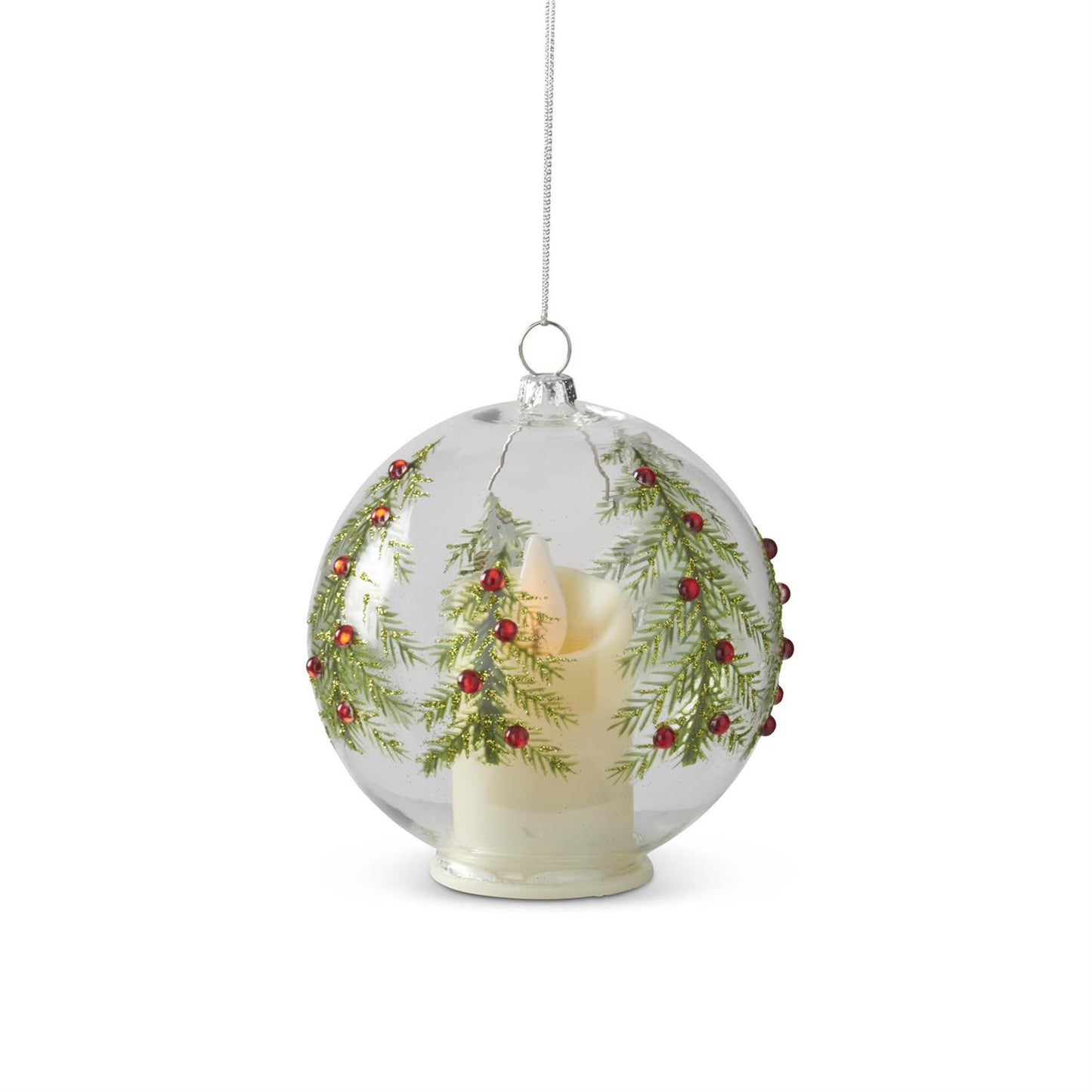 4 Inch LED Clear Glass Ornament w/Jeweled Christmas Trees & Timer