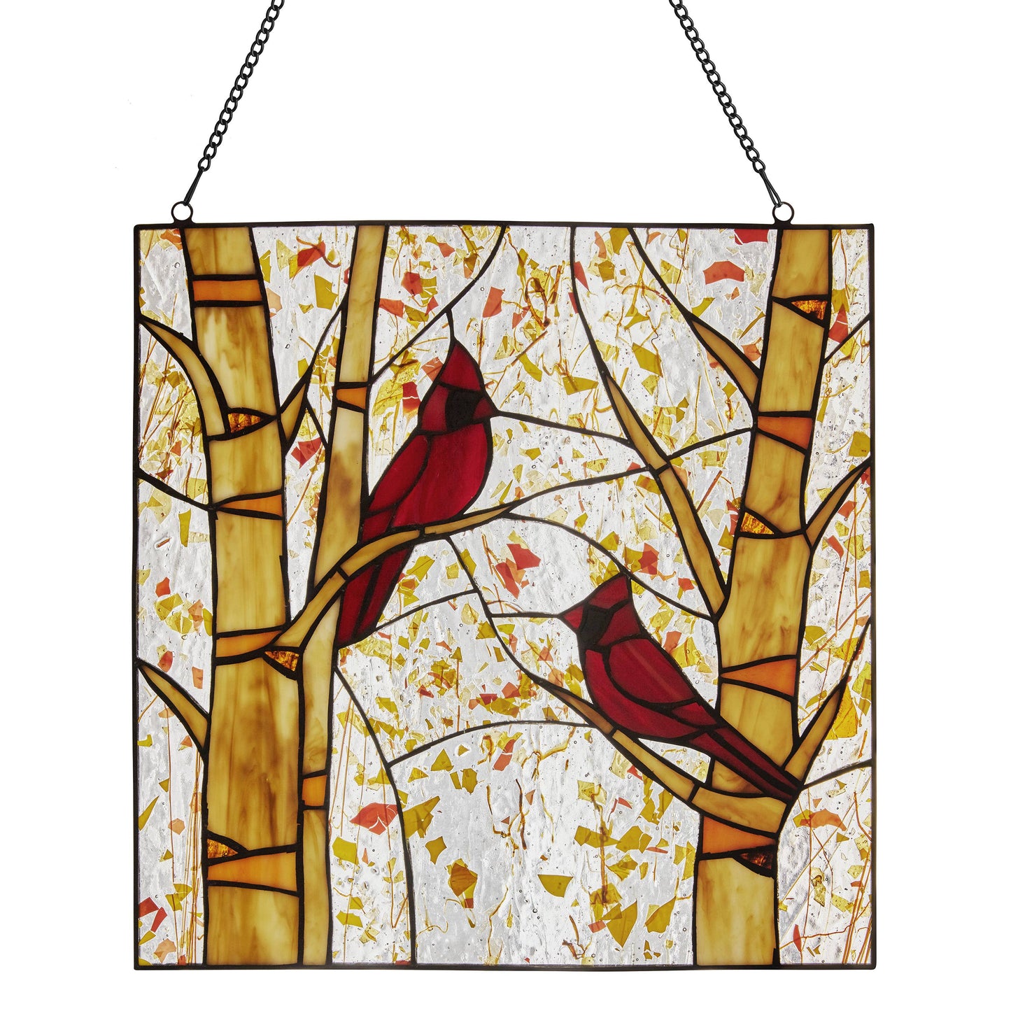 14"H Eden Red Cardinals in Autumn Stained Glass Window Panel