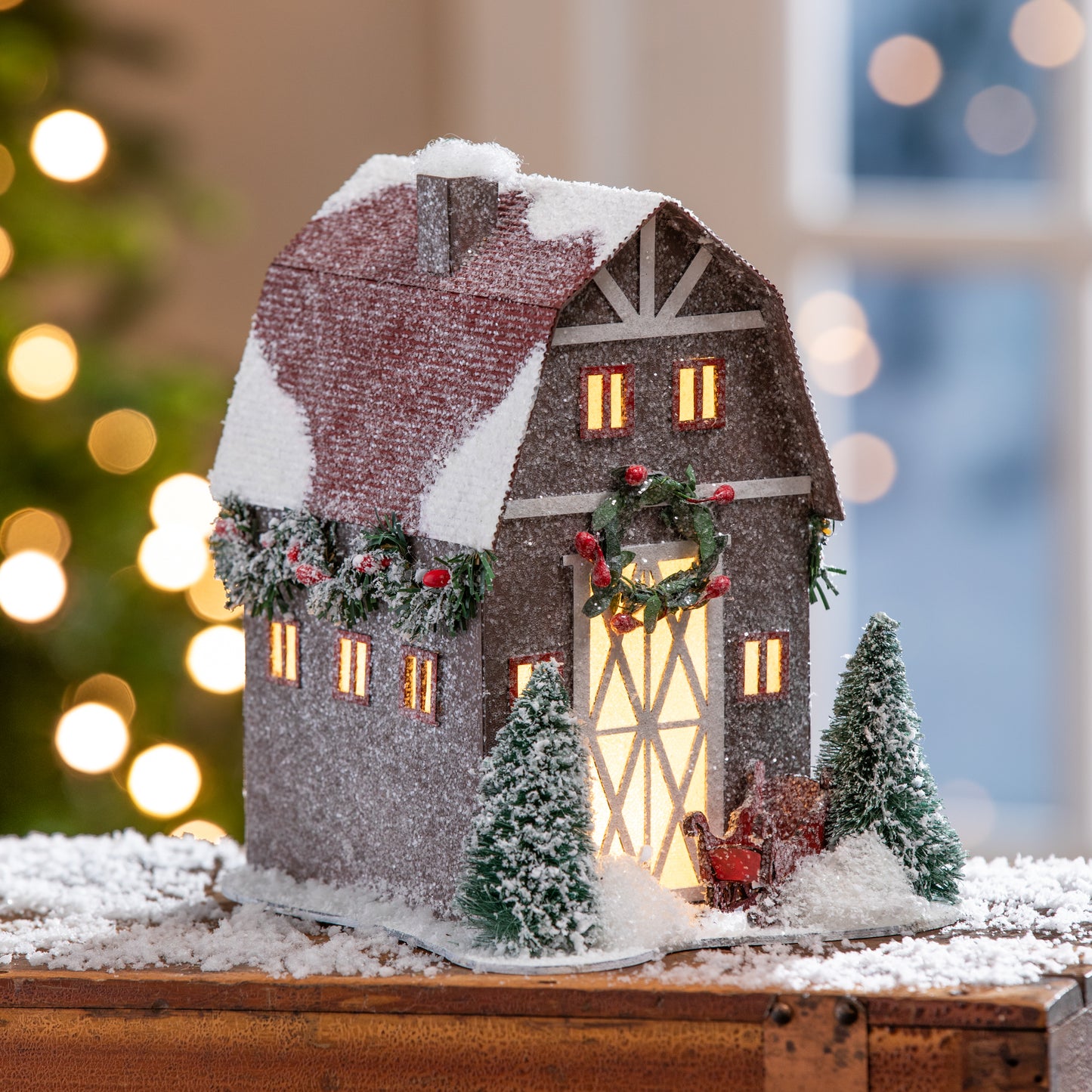 8.25" LED Paper Barn with Sleigh and Bottle Brush Trees Table Decor