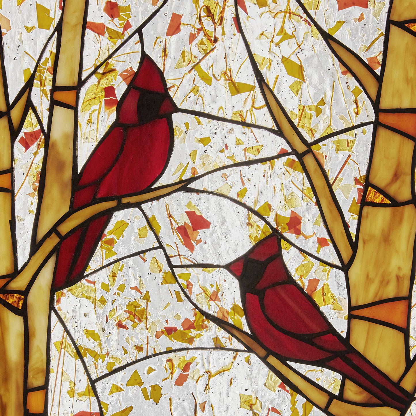 14"H Eden Red Cardinals in Autumn Stained Glass Window Panel