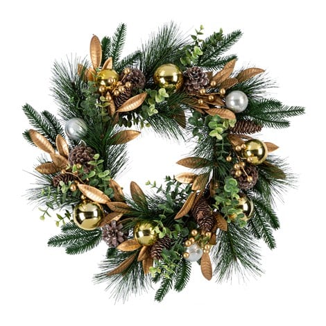 22" Gold Glittered Ornament and Pinecone Wreath