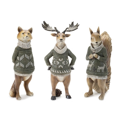 Fox/Moose/Squirrel w/Sweater (3 Asst) 10"H, 10.5"H, 12"H Resin