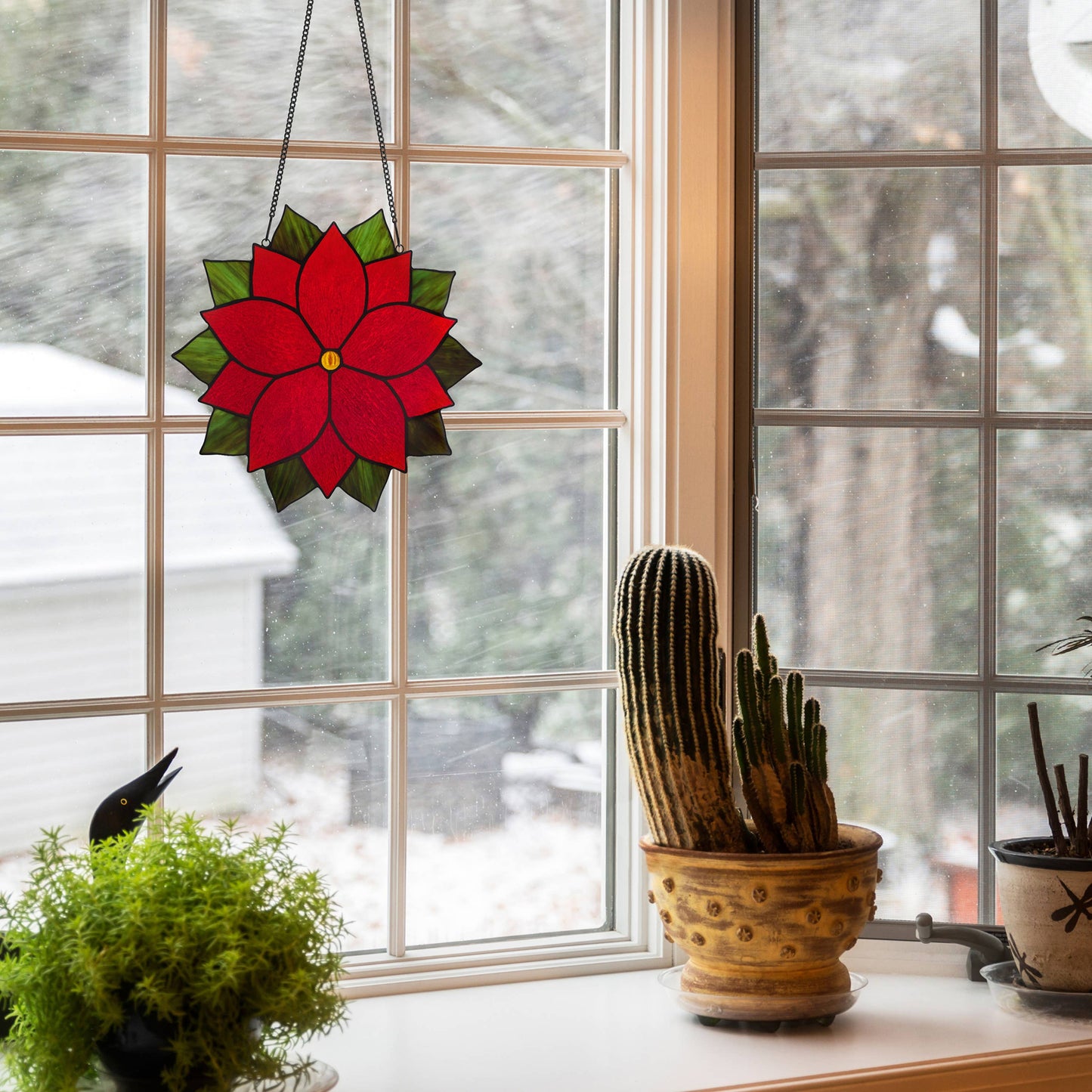 12"H Mary Red Holiday Poinsettia Stained Glass Window Panel