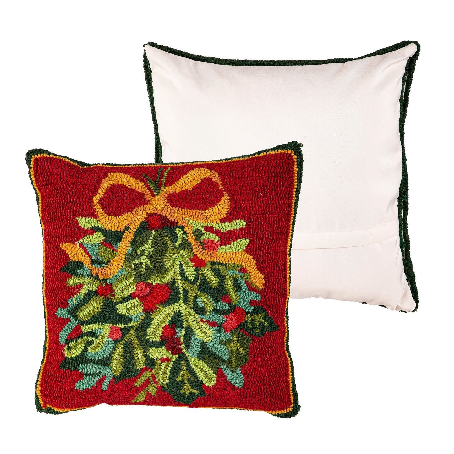 Indoor/Outdoor Holiday Mistletoee Hooked Polypropylene Throw Pillow 18"x18"